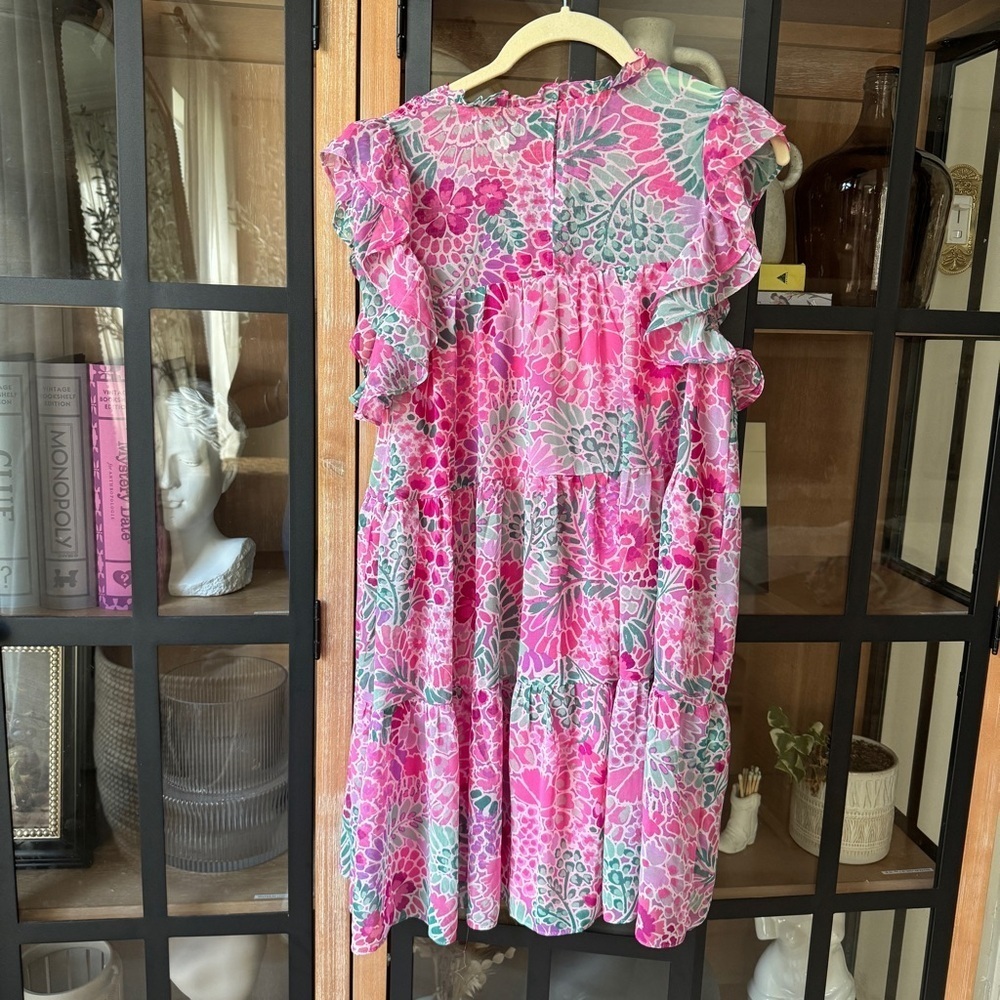 Aura floral smocked dress mini colorful chiffon flutter ruffle short sleeve - Picture 3 of 5